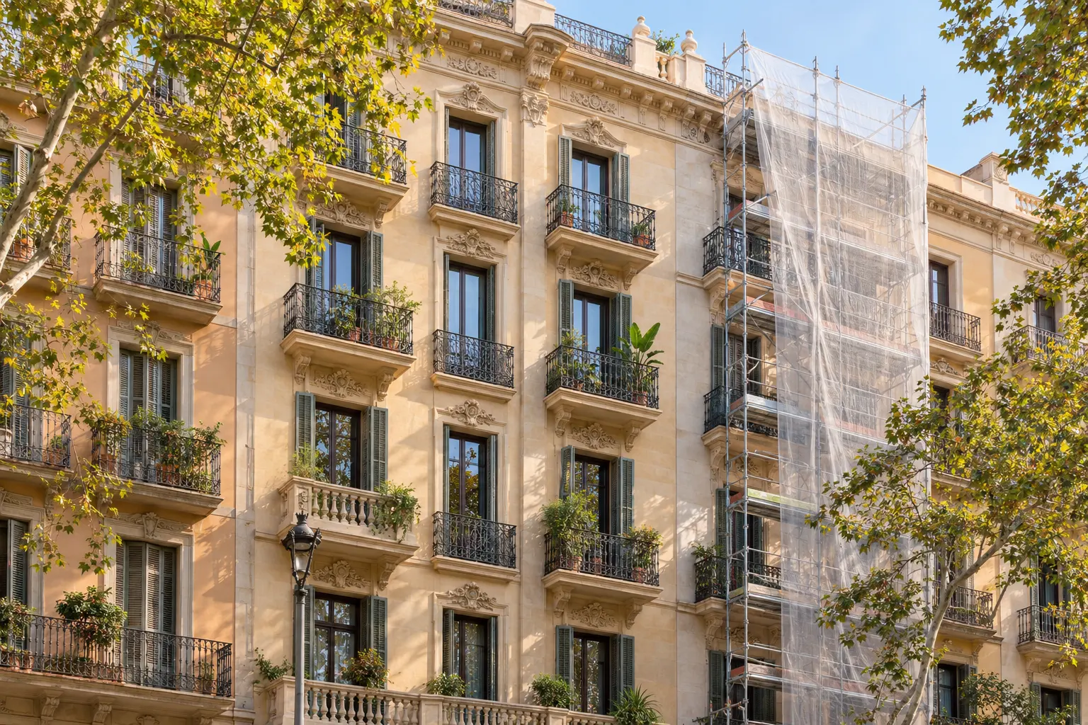 Fachada residencial de Barcelona con una zona protegida por andamio durante su rehabilitación